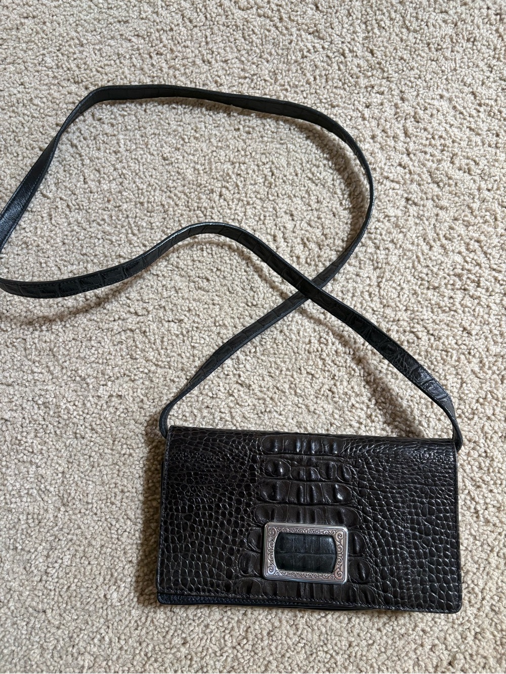 Brighton Black Croc-Embossed Clutch with Silver Buckle and leather strap